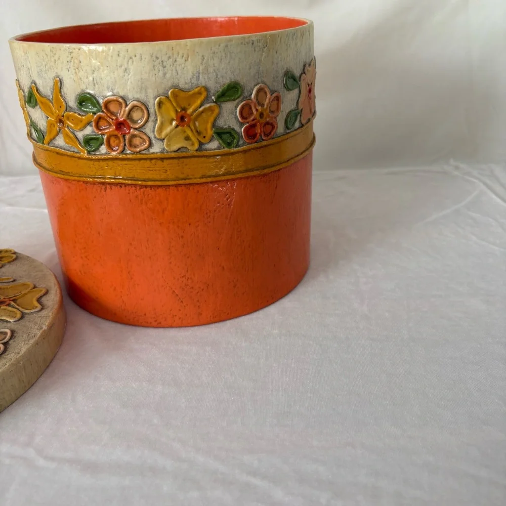 Vintage floral orange 70s paper mache storage canister home decor accent trinket